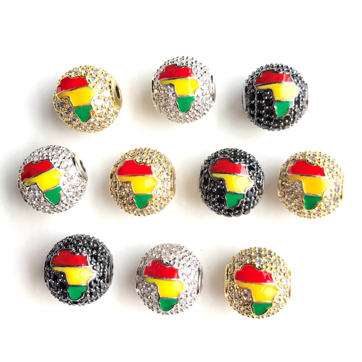 Jewelry Making History - ลูกปัดทรงกลมลายแผนที่แอฟริกาสีแดง เหลือง เขียว ขนาด 12 มม.